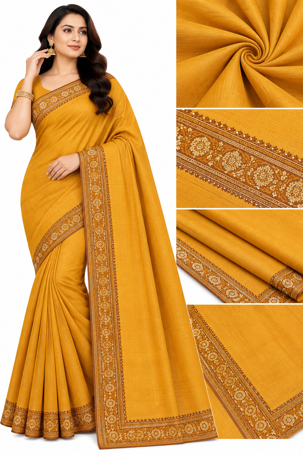 Elegant Mustard Yellow & Peach Saree with Traditional Floral Border