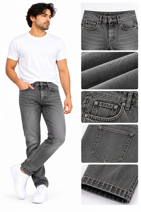 Men's Washed Grey Straight Fit Jeans | Premium Denim