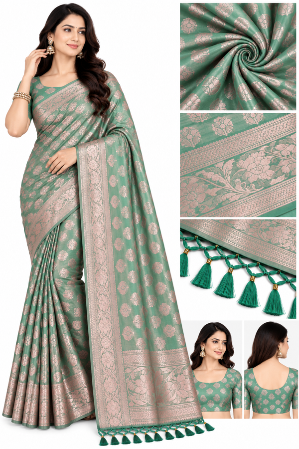 Mint Green Saree with Rose Gold Zari Work, Floral Border & Matching Blouse