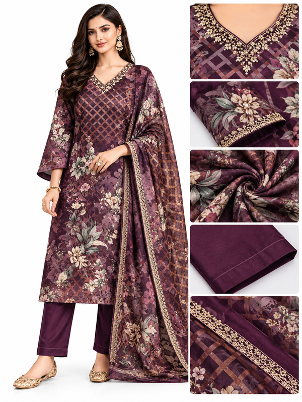 Product Headline: Women’s Wine Purple Floral Printed Simmer Silk Kurta Pant Set with Dupatta