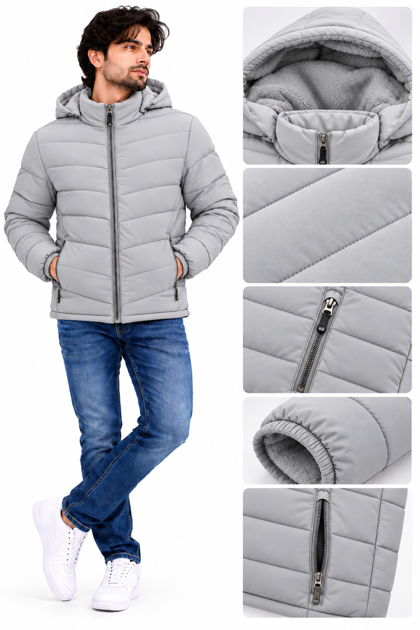 Men’s Premium Light Grey Hooded Puffer Jacket – Winter Wear