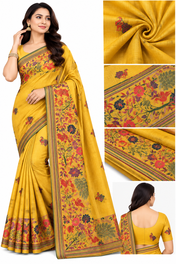 Elegant Mustard Yellow & Teal Green Floral Saree – Multicolor Designer Border