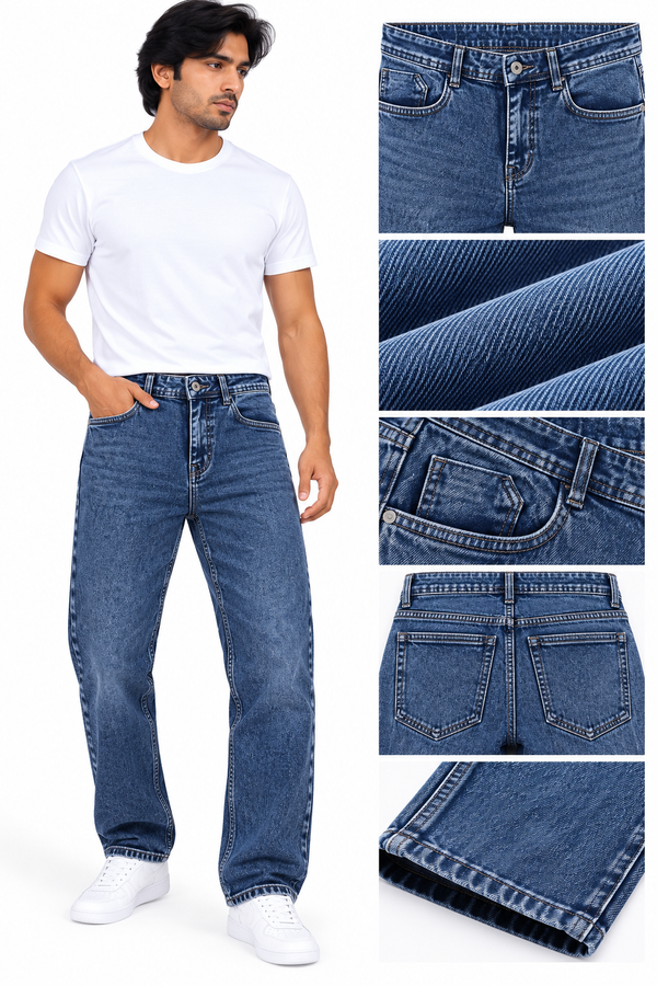 Men’s Dark Blue Washed Denim Jeans – Classic Everyday Style