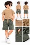 **Boys Beige Graphic T-Shirt with Olive Green Cargo Shorts Set**