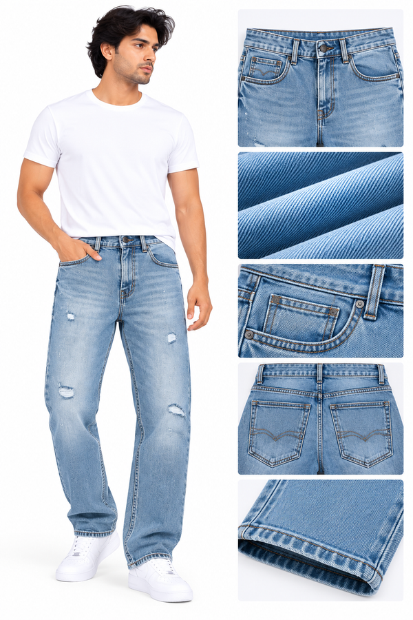 Men's Light Blue Distressed Denim Jeans – Regular Fit