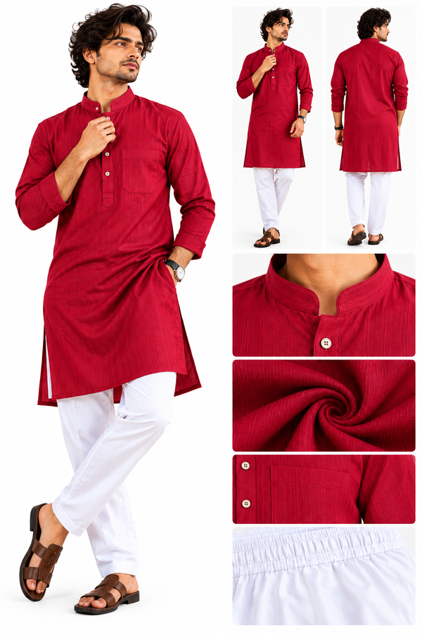 Men's Maroon Kurta Pajama Set with Mandarin Collar – Festive & Traditional Wear