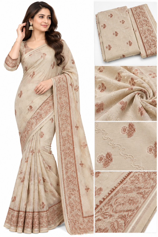 Elegant Cream Floral Saree with Designer Printed Border