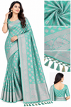 sky blue Saree with Silver Zari Work, Floral Border & Matching Blouse