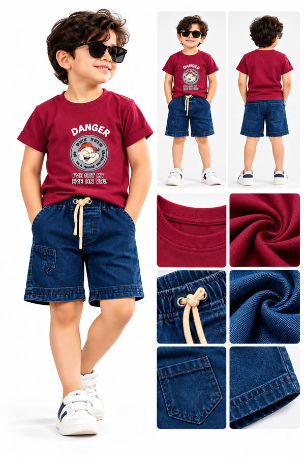 **Boys Burgundy Graphic T-Shirt with Blue Denim Shorts Set**