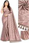 Taupe Grey Saree with Rose Gold Zari Work, Floral Border & Designer Tassels