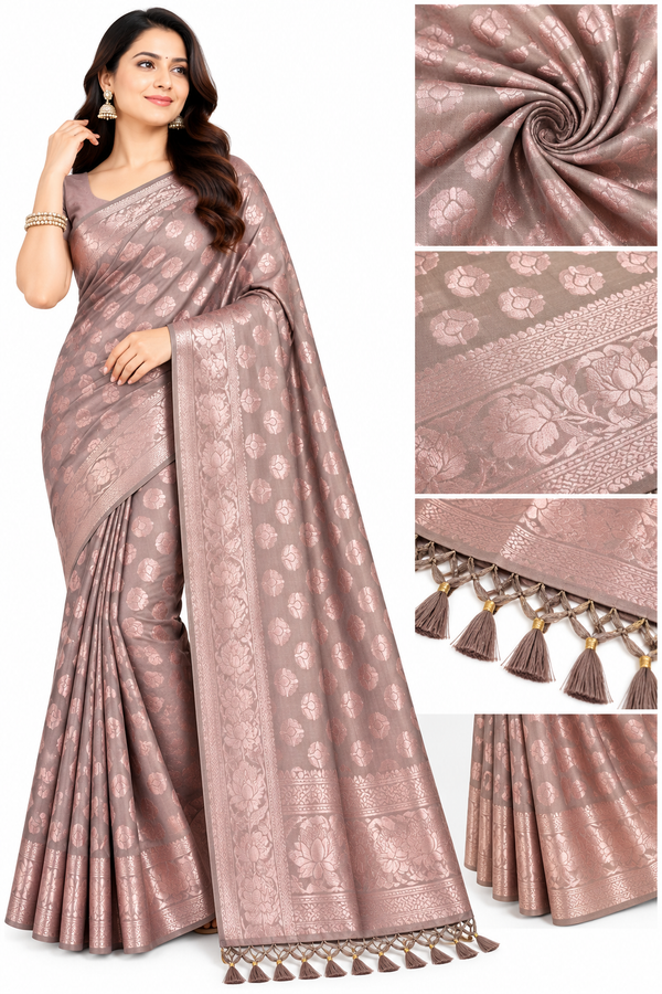 Taupe Grey Saree with Rose Gold Zari Work, Floral Border & Designer Tassels