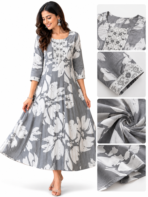 Women’s Grey & White Floral Printed Rayon Kurti Dress