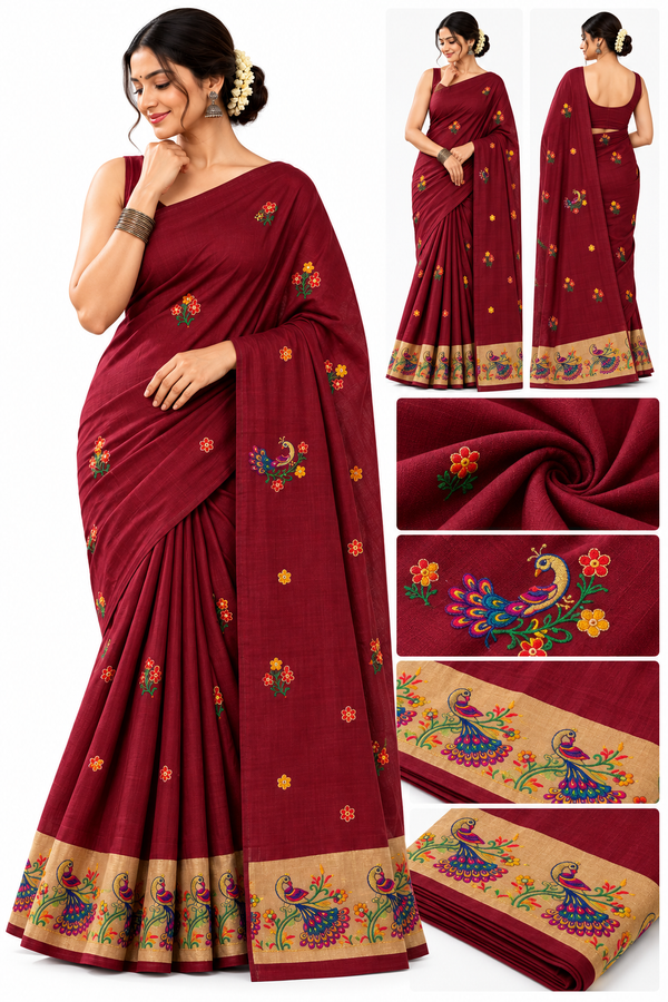 **Maroon Red Saree with Colourful Peacock Embroidery & Golden Designer Border**