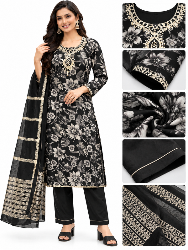 Women’s Purple Floral Printed Kurta Pant Set with Elegant Dupatta