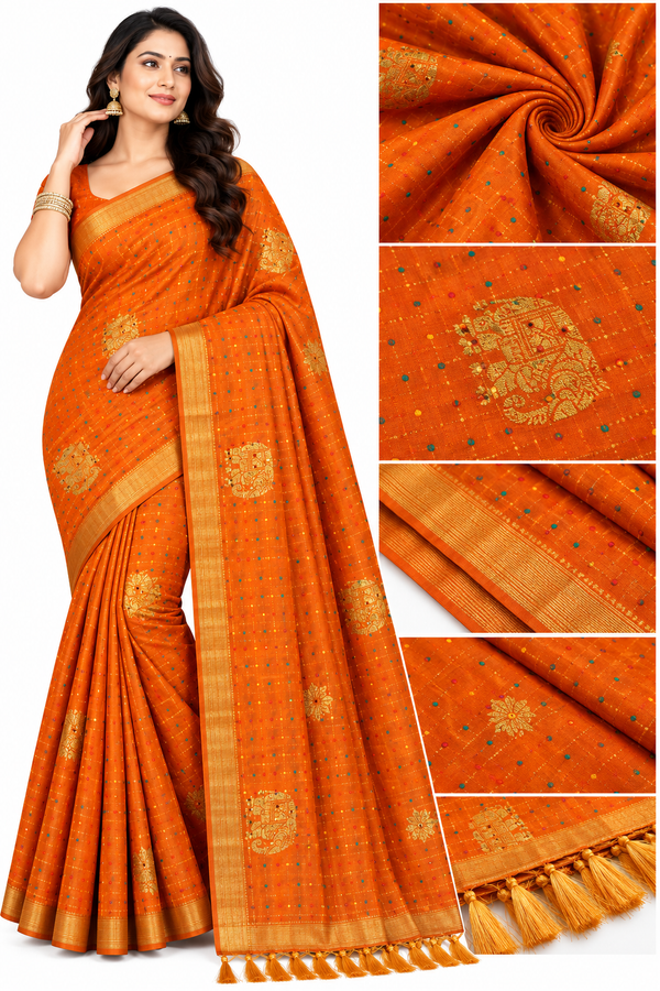 Traditional Red & Rust Orange Saree with Golden Motifs and Designer Border