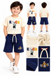**Boys Cream Graphic T-Shirt with Navy Blue Drawstring Shorts Set**