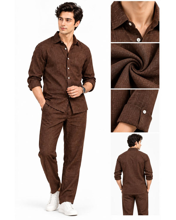 Premium Brown Textured Shirt & Trouser Co-Ord Set for Men
