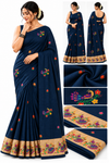 Elegant Navy Blue Saree with Multicolour Peacock Embroidery & Golden Border