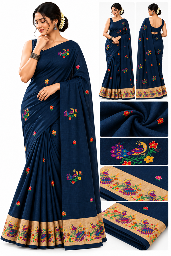 Elegant Navy Blue Saree with Multicolour Peacock Embroidery & Golden Border