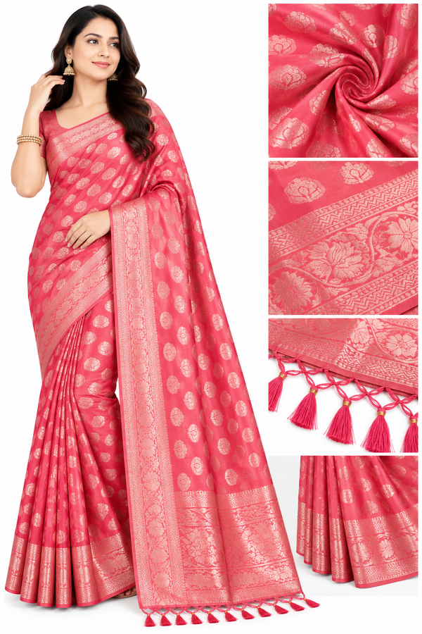 Coral Pink Zari Work Saree with Elegant Golden Woven Border & Tassels