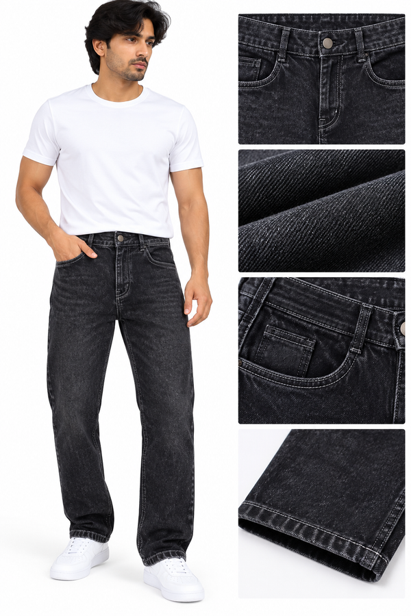 Men's Black Washed Regular Fit Denim Jeans