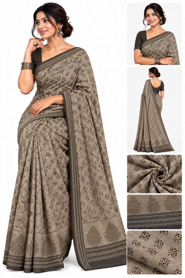 **Elegant Taupe Grey Printed Cotton Saree with Designer Border**