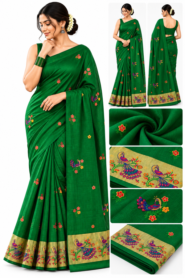 **Emerald Green Saree with Colourful Peacock Embroidery & Golden Designer Border**