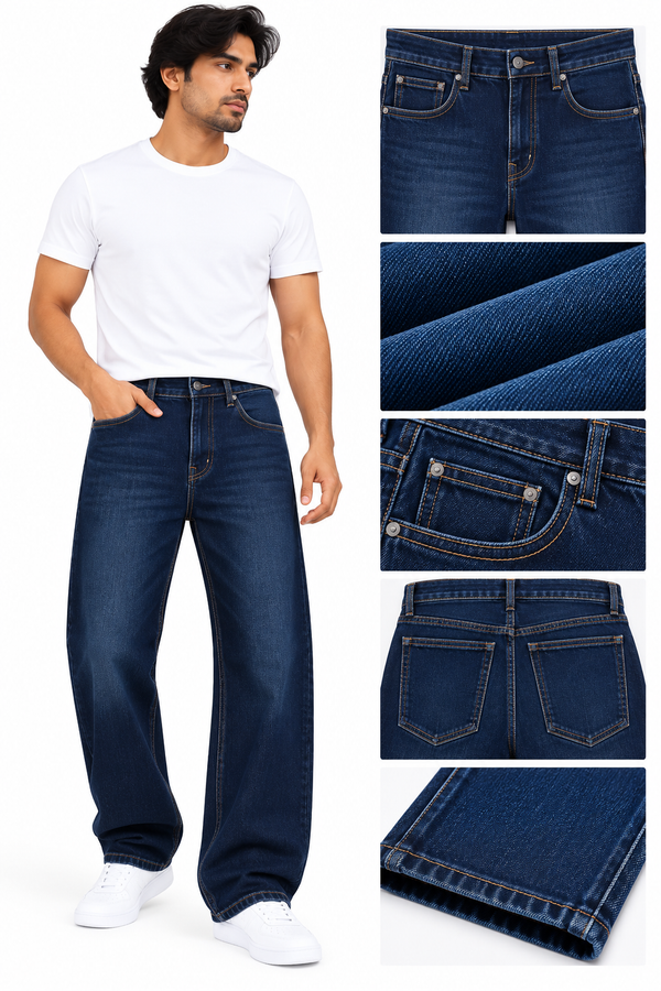Men's Dark Blue Denim Jeans – Contrast Stitch Regular Fit