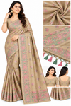 Beige Saree with Pink & Green Floral Embroidery, Designer Border & Matching Blouse
