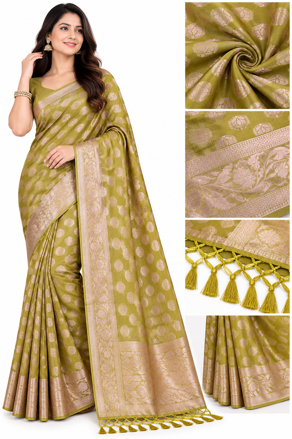Olive Green Zari Work Silk Saree with Elegant Golden-Pink Border & Tassels