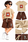 Boys’ Beige Graphic T-Shirt & Brown Cargo Shorts Co-ord Set | Wixon.one