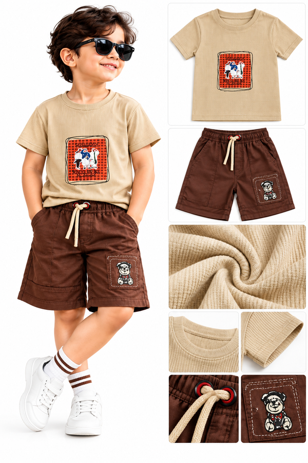 Boys’ Beige Graphic T-Shirt & Brown Cargo Shorts Co-ord Set | Wixon.one