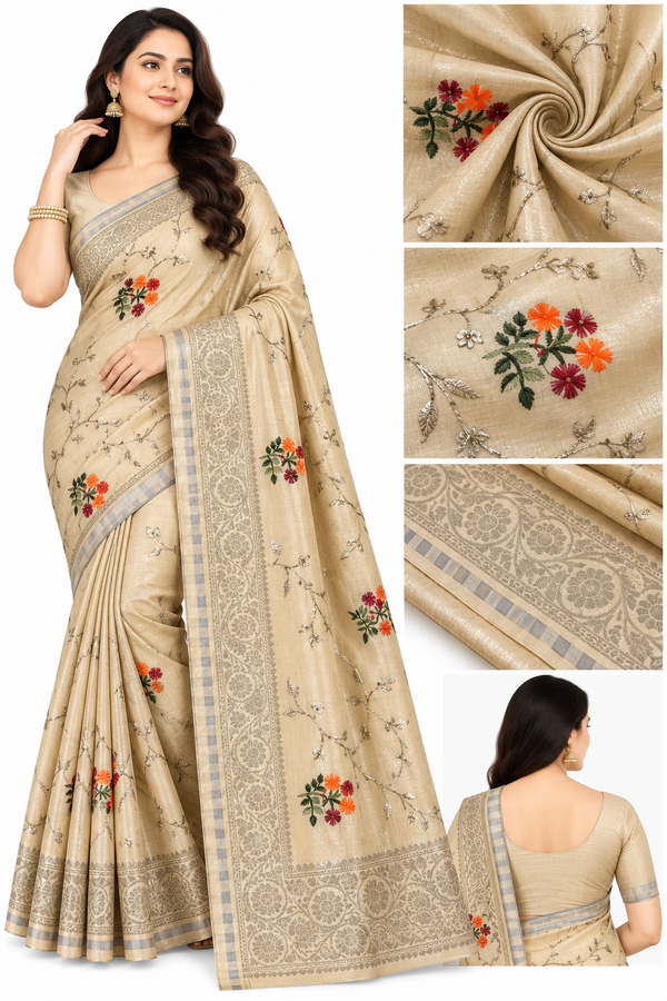 Elegant Cream Saree with Floral Embroidery & Designer Border
