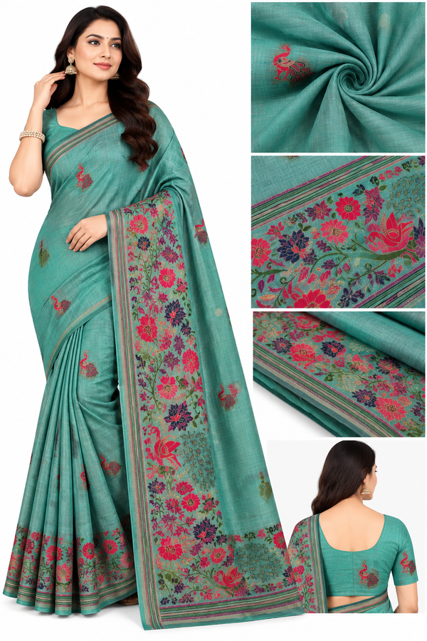 Elegant Mustard Yellow & Teal Green Floral Saree – Multicolor Designer Border