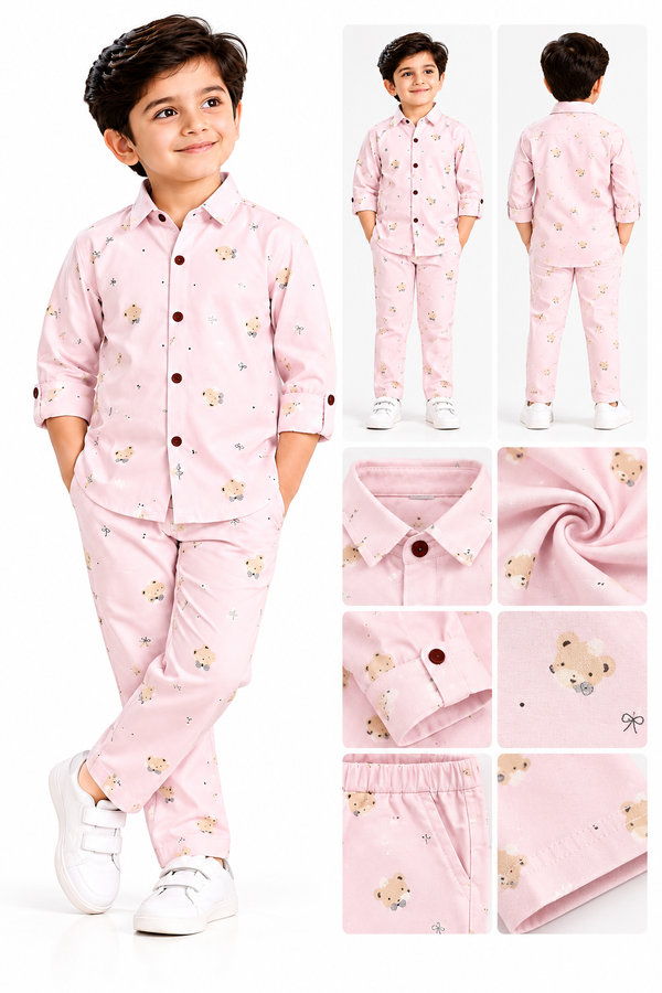 **Boys Soft Pink Teddy Bear Print Shirt & Pajama Set**