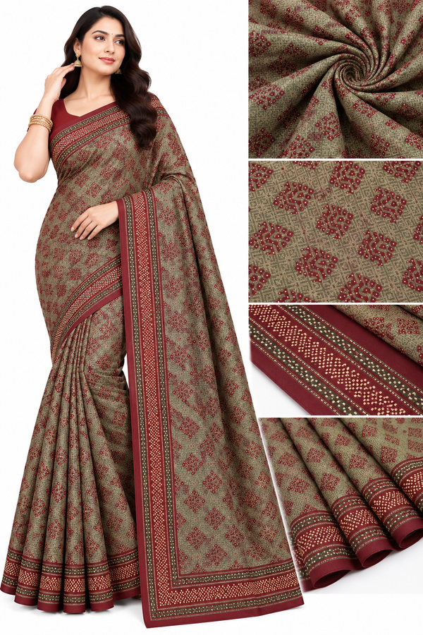 Elegant Olive Green Saree with Maroon Traditional Print & Designer Border