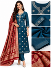 Women’s Teal Blue Modal Jacquard Kurta Pant Set with Maroon Dupatta
