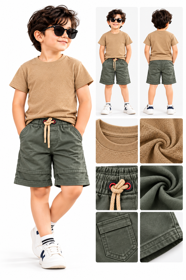 **Boys Beige Graphic T-Shirt with Olive Green Cargo Shorts Set**
