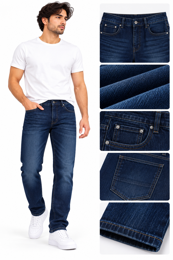 Men’s Premium Dark Blue Denim Jeans – Classic Regular Fit