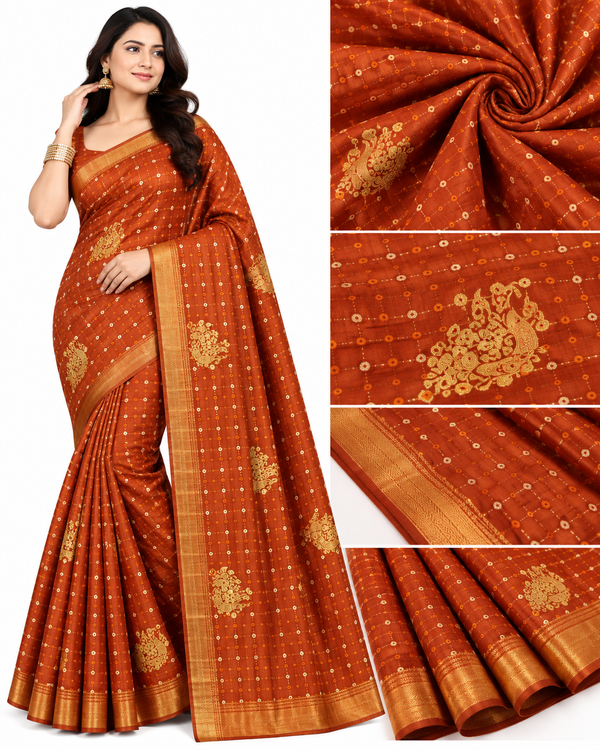 Traditional Red & Rust Orange Saree with Golden Motifs and Designer Border