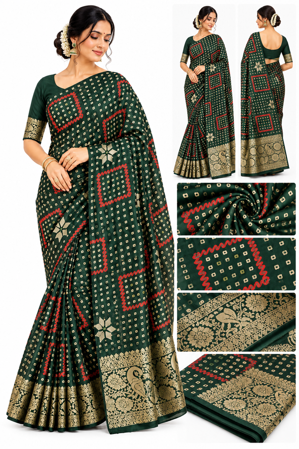 Forest Green Saree with Red Geometric Prints & Golden Zari Designer Border