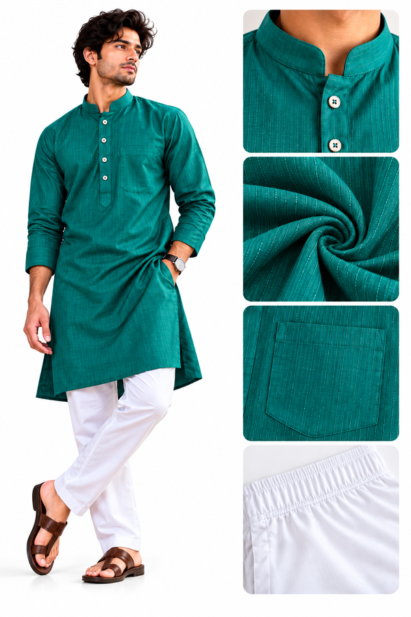 Men’s Premium Teal Green Kurta with White Pajama Set
