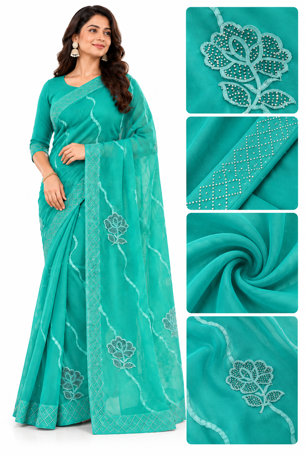 Women’s Premium Teal Green Embroidered Saree with Elegant Border