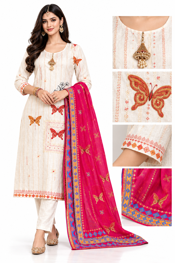 Women’s Ivory Embroidered Kurta Set with Pink Dupatta – Elegant Ethnic Wear
