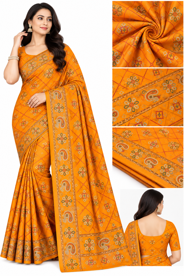 Elegant Mustard Orange Printed Saree with Designer Border