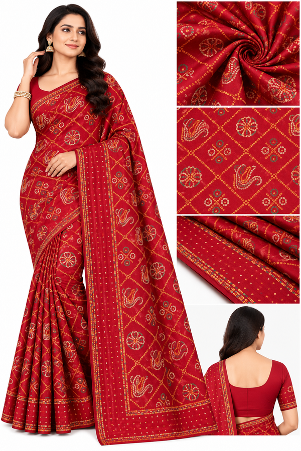 Elegant Red Saree with Traditional Bandhani-Inspired Print & Designer Border