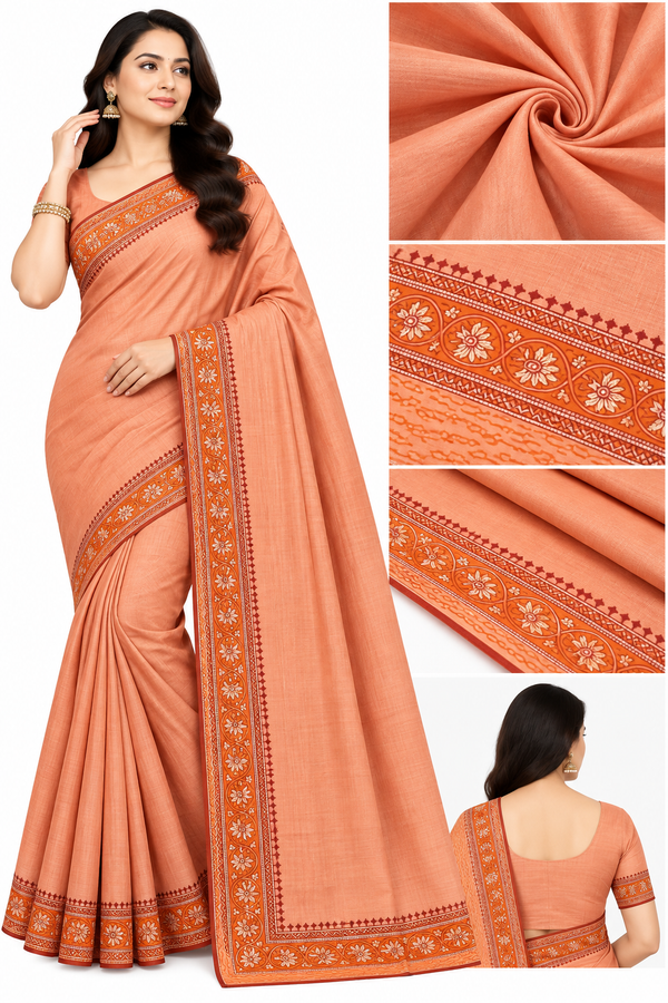 Elegant Mustard Yellow & Peach Saree with Traditional Floral Border
