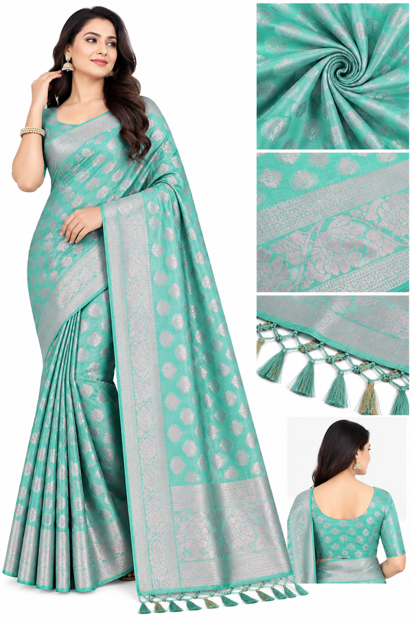 sky blue Saree with Silver Zari Work, Floral Border & Matching Blouse