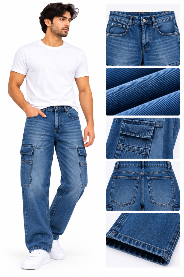 Men’s Blue Denim Cargo Jeans – Relaxed Fit