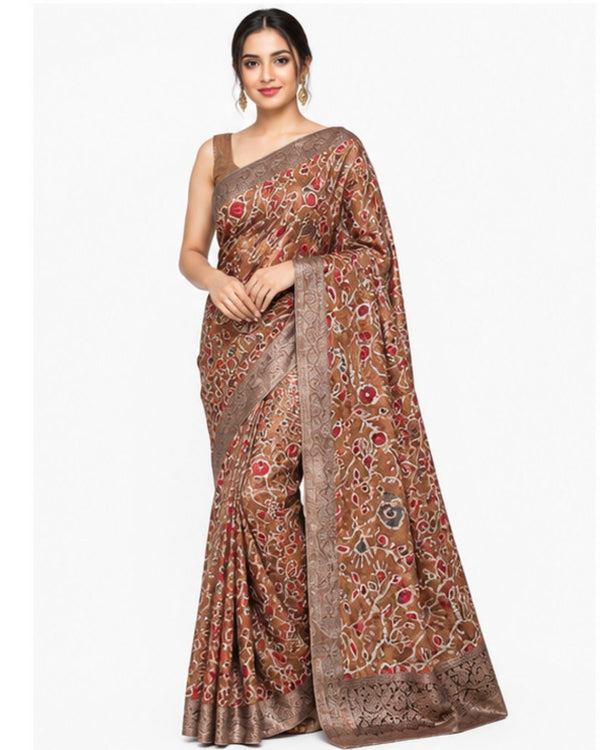 **Elegant Brown Printed Saree with Traditional Designer Border**